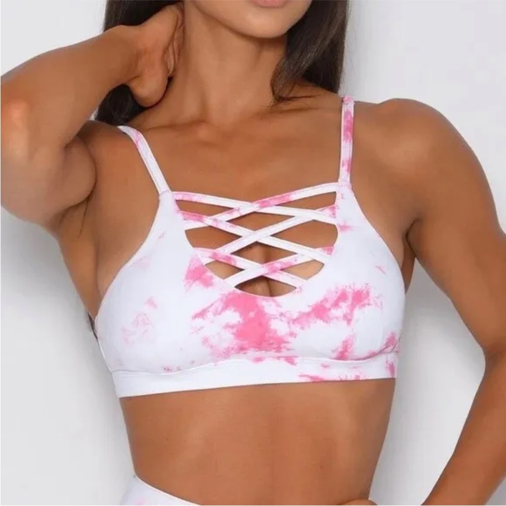 Bombshell Sportswear Cross My Heart Bra White Pink XS VEUC
